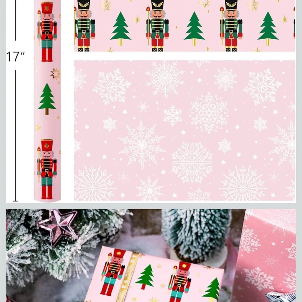 Festive Pink Christmas Holiday Wrapping Paper Two Rolls - nutcracker and gnomes